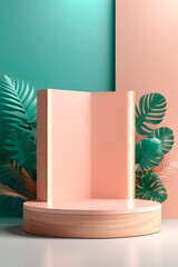 Empty wood podium for product advertisement with green and rose gold  leaves.