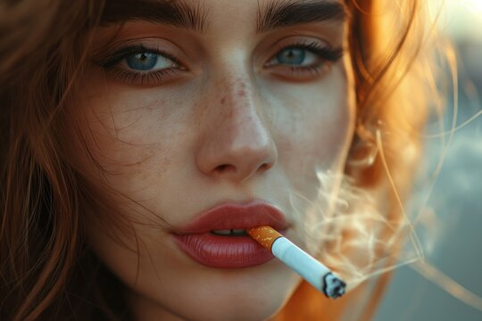 Close up image of a woman smoking a cigarette 