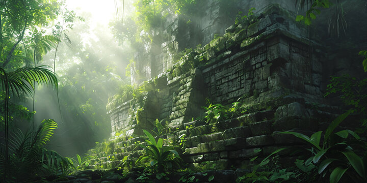 ancient and overgrown mayan temple ruins in the jungle, lost place in the amazon rainforest