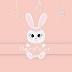 Easter card with cute bunny, rabbit on  peach background with easter eggs. Banner template, flyer, cover, poster, social media