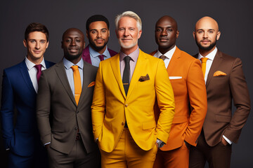 Group of diverse men in colorful suits. Men's beauty, fashion.