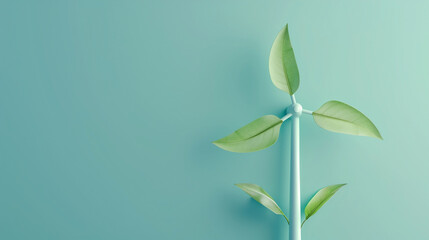 A wind turbine with blades in the shape of green plant leaves. Copy space.