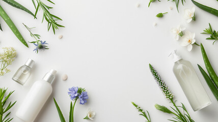 A beautiful composition with jars and bottles of  face and body lotions and creams surrounded by fresh plants and flowers. Copy space. White background. 