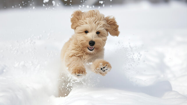 A cheerful and cute young Labrodoodle is enjoying a winter walk, jumping on snowdrifts. No people around.