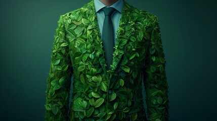 Businessman suit wears a tie made of green leaves,  environmental consciousness sustainability Ideal for eco-conscious and sustainable business themes environment ,analysis, investment, green business - obrazy, fototapety, plakaty