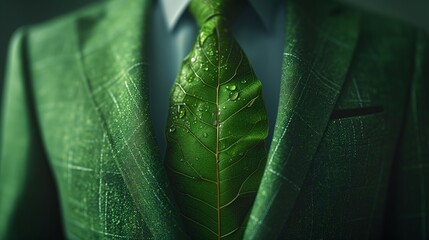 Businessman suit wears a tie made of green leaves,  environmental consciousness sustainability Ideal for eco-conscious and sustainable business themes environment ,analysis, investment, green business - obrazy, fototapety, plakaty