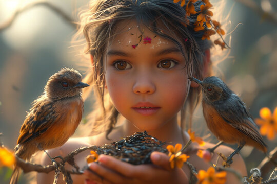 Young Girl Holds Bird in Her Hands. Close-Up Nature Image of Child With Bird
