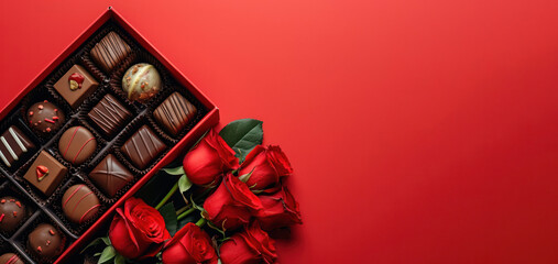 Elegant Romance - A box of gourmet chocolates beside a bouquet of vibrant red roses on a rich crimson background.