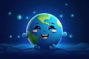 Joyful Planet - A whimsical illustration of a smiling Earth character against a starry night sky