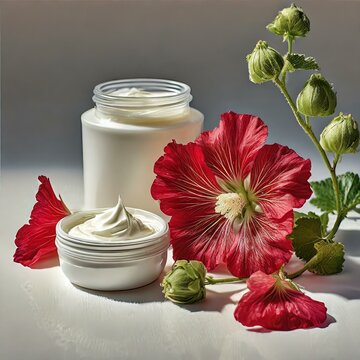 Kwiaty malwy obok słoiczka z kremem. Kwiaty prawoślazu w kosmetykach