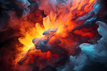 Fiery red and icy cyan liquids clash in a dramatic explosion, creating an intense abstract display. HD camera captures the vibrant colors and dynamic patterns with remarkable clarity.