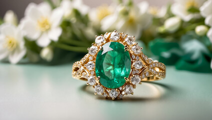 Beautiful gold ring with emerald, flowers