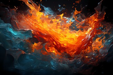 Fototapeta na wymiar Fiery red and icy cyan liquids clash in a dramatic explosion, creating an intense abstract display. HD camera captures the vibrant colors and dynamic patterns with remarkable clarity