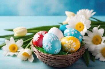 Obraz na płótnie Canvas Easter, basket with colored eggs, nest, blue background, white spring flowers, snowdrops