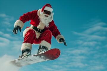 Cool Kris Kringle Shredding on a Snowboard. Generative ai