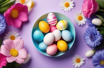 Fototapeta na wymiar Easter, plate with colored eggs in the center, top view, purple background, spring flowers around, frame, delicate pastel shades