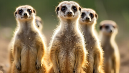 Fototapeta premium Cute meerkats sitting in a row, watching outdoors generated by AI