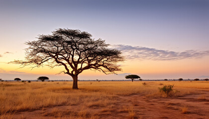 Silhouette of acacia tree on African savannah generated by AI