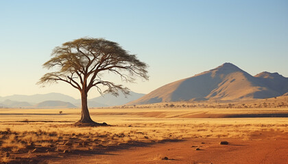 Fototapeta na wymiar Arid landscape, sand dunes, tree, sunset, Africa generated by AI