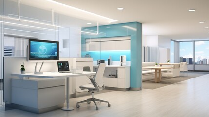 Modern and sleek office interior design featuring minimalist furniture and a stunning cityscape view.