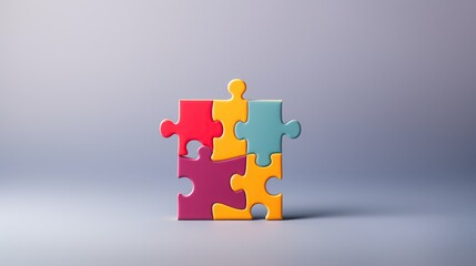 Four interconnected puzzle pieces in red, blue, yellow, and purple colors on a grey background.
