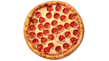 a classic Pepperoni Pizza, highlighting its simplicity and deliciousness on a pristine white surface. 