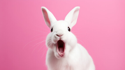 An adorable white bunny against a vibrant pink background captures a moment of surprise, embodying the playful spirit of Easter
