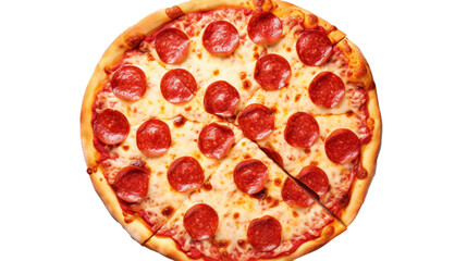 a delectable Pepperoni Pizza with crispy edges, the pepperoni arranged symmetrically, on a pure white surface. 