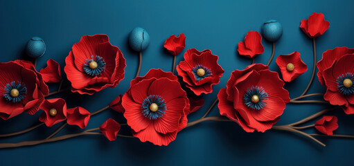 Vivid red poppies bloom against a teal backdrop, an artistic tribute to the solemn memory and enduring spirit of ANZAC Day