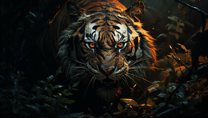 Majestic Bengal tiger walking in tropical rainforest, staring with aggression generated by AI
