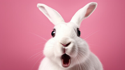 Obraz premium A whimsical white rabbit against a soft pink backdrop, mouth agape, as if to announce the arrival of the joyful Easter season