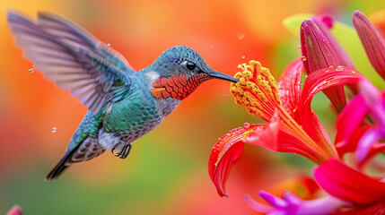 Fototapeta premium Hummingbird on a Flower Nectar Nature Wallpaper Background Poster Illustration Digital Art Cover Card