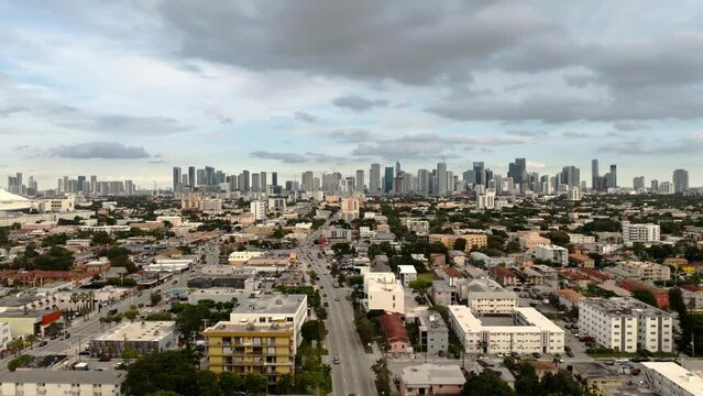 Aerial time lapse video of downtown Miami, Florida, USA. City skyline on a cloudy day over Little Havana neighborhood. January 4, 2024. 