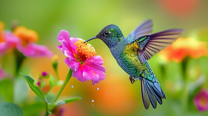 Fototapeta premium Hummingbird on a Flower Nectar Nature Wallpaper Background Poster Illustration Digital Art Cover Card