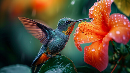 Hummingbird on a Flower Nectar Nature Wallpaper Background Poster Illustration Digital Art Cover Card