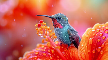 Hummingbird on a Flower Nectar Nature Wallpaper Background Poster Illustration Digital Art Cover Card