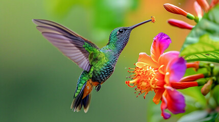 Fototapeta premium Hummingbird on a Flower Nectar Nature Wallpaper Background Poster Illustration Digital Art Cover Card