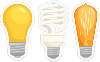 Vector illustration of three types of light bulbs: incandescent, CFL, and retro-style Edison.