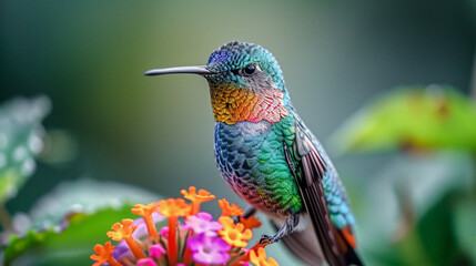Fototapeta premium Hummingbird on a Flower Nectar Nature Wallpaper Background Poster Illustration Digital Art Cover Card