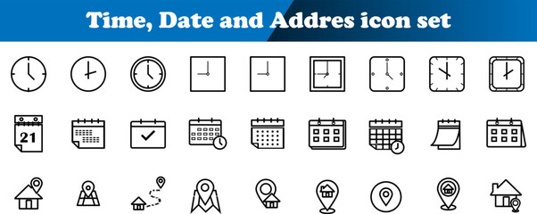 Time, date and address icons set isolated on white background flat vector illustration.