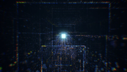 3D rendering of an abstract digital tunnel in cyberspace made of particles