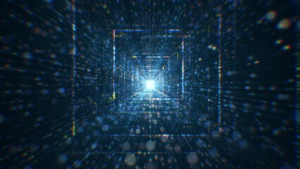 3D rendering of an abstract digital tunnel in cyberspace made of particles