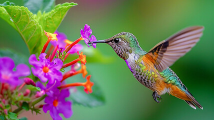 Fototapeta premium Hummingbird on a Flower Nectar Nature Wallpaper Background Poster Illustration Digital Art Cover Card