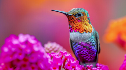 Fototapeta premium Hummingbird on a Flower Nectar Nature Wallpaper Background Poster Illustration Digital Art Cover Card