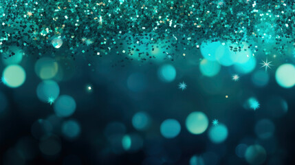 Closeup of silver, blue glitter in blue turquoise background with bokeh, celebration textured...