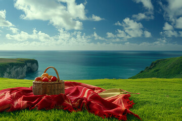 Picnic with a red blanket on a background of rocks and ocean, wooden basket with fruits inside