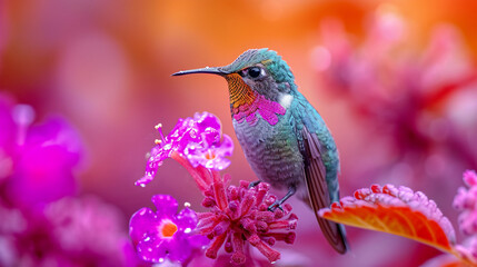  Hummingbird on a Flower Nectar Nature Wallpaper Background Poster Illustration Digital Art Cover Card