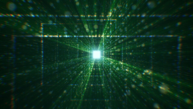 Fototapeta 3D rendering of an abstract digital tunnel in cyberspace made of particles