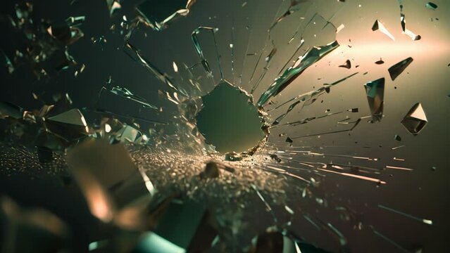 Hole in the broken window glass by a bullet shot. Circular cracks spreading around the hole.
