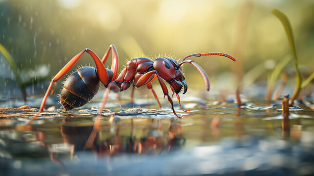 Side view of an ant in macro photography, against the backdrop of nature